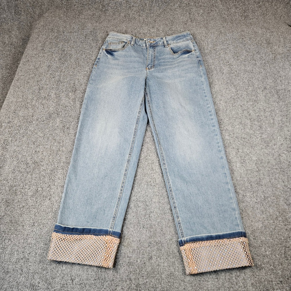 Est. 1946 Denim Womens HiRise Straight Leg Jeans Rhinestone Fishnet Cuff Blue 10